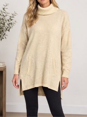 EPOGEE Ivory Lambswool Blend Longline Turtleneck Sweater Tunic Medium